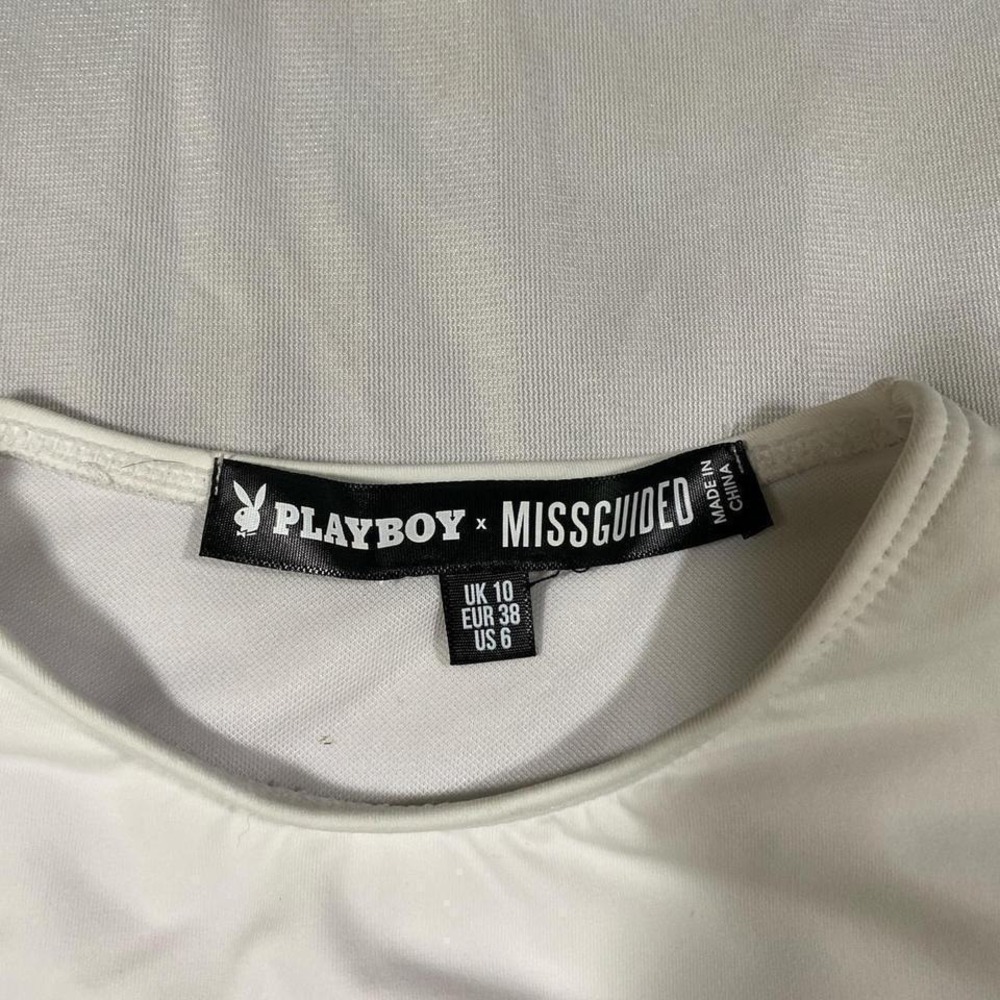 PLAYBOY Navy White Crop Swim Top Tie‎ Front Graphic Logo Short Sleeve Women's - Picture 2 of 3